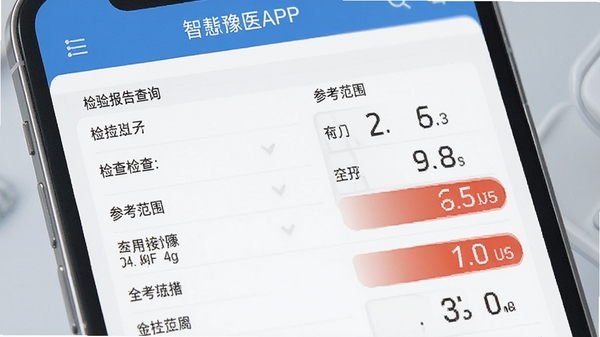 智慧豫医APP检验报告查询界面,展示多项检查指标与参考范围,部分数值高亮显示,界面清晰专业