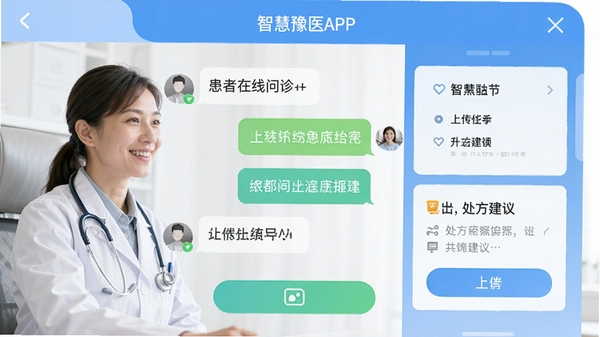 智慧豫医APP在线问诊聊天界面,展示患者与医生对话气泡、上传图片按钮与处方建议卡片,界面友好易用