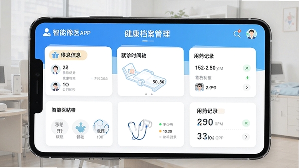 智慧豫医APP健康档案管理界面,展示个人基本信息、就诊时间轴与用药记录卡片,界面以卡片式布局呈现