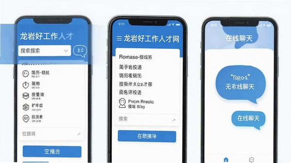 龙岩好工作人才网手机端操作界面截图,展示岗位搜索、简历投递、在线聊天三个核心步骤,扁平化设计风格,蓝白配色