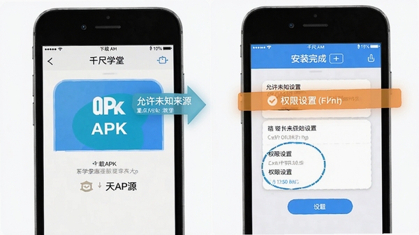 ǧ��ѧ��APP��װ��������ͼ�⣬�ֻ���Ļչʾ������APK����װ��ɵĲ���ʾ�⣬�ص��ע����δ֪��Դ��Ȩ�����û��ڣ�������˵Ľ̷̳��