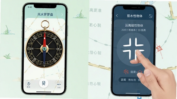 风水罗盘south校准操作示意图,手机画8字校准手势,界面提示远离磁性物体,风格清新直观