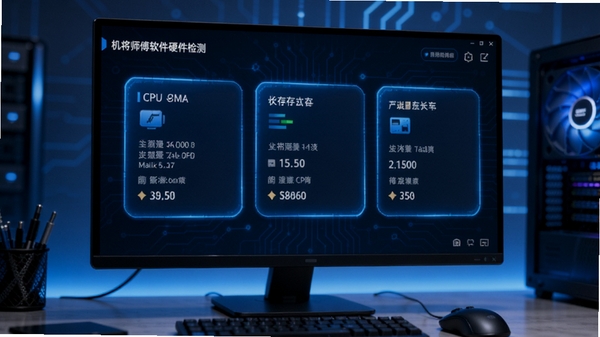 机将师傅软件硬件检测界面,屏幕上显示电脑配置信息卡片,包括CPU、内存、显卡等参数,科技感蓝色调,清晰直观