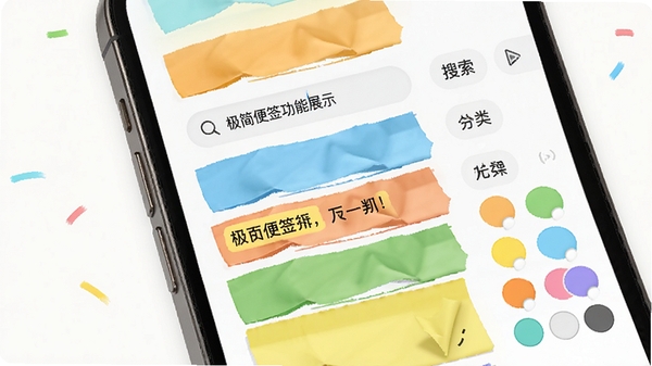 极简便签功能展示图,手机屏幕中显示多条彩色便签整齐排列,搜索框输入关键词后高亮匹配结果,旁边有分类标签和颜色选择器,画面干净明亮,突出极简便签的高效管理与搜索能力