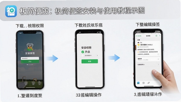 极简便签安装与使用教程示意图,手机屏幕显示安装权限开启界面和便签编辑操作步骤,画面分步展示从下载到使用的完整流程,风格清晰直观,带有极简便签logo标识