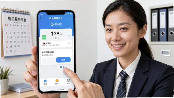 机关服务平台AI生图提示词:一部智能手机屏幕显示机关服务平台APP的会议通知界面,一位机关工作人员在办公室微笑着点击确认参会,背景有日历和文件柜,画面明亮专业,体现高效办公场景
