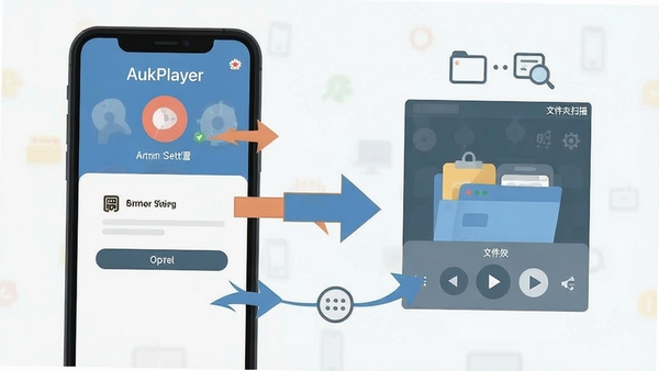 AukPlayer音乐播放器使用教程示意图,手机屏幕展示权限设置和文件夹扫描步骤,清晰的操作指引箭头标注,扁平化设计风格