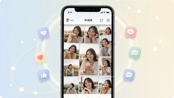 ����������ӭ���棬���µ��ŵ�ɫ�����ֻ���Ļ��չʾ���û���������������˲����Ƭǽ����Χ��������͵Ĺ��κ��罻����ͼ�꣬ͻ����ʵ�罻���¼����ĺ��Ķ�λ
