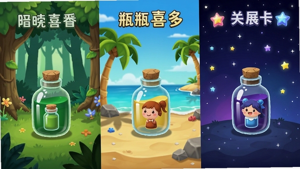 ƿƿ��ϲ������ؿ�����չʾ�������ɭ�����⡢�м��Ǻ�̲���⡢�Ҳ����ǿ����⣬ÿ�������ж��ж�Ӧ��ƿ��Ԫ�غ�ɫ�ʴ��䣬����ḻ����