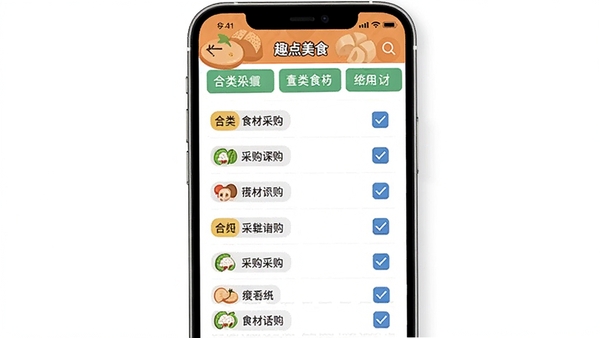 Ȥ����ʳAPP���ɵ�ʳ�Ĳɹ��嵥���棬���й�ѡ��ť�ͷ����ǩ