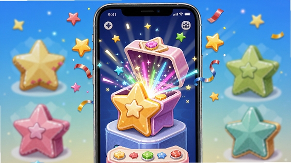 星盒抽盒机APP界面展示,手机屏幕中呈现多个彩色星盒排列,其中一个星盒正在打开,绽放出炫彩光芒,周围有星星和彩带特效,整体风格活泼可爱,适合休闲游戏宣传图