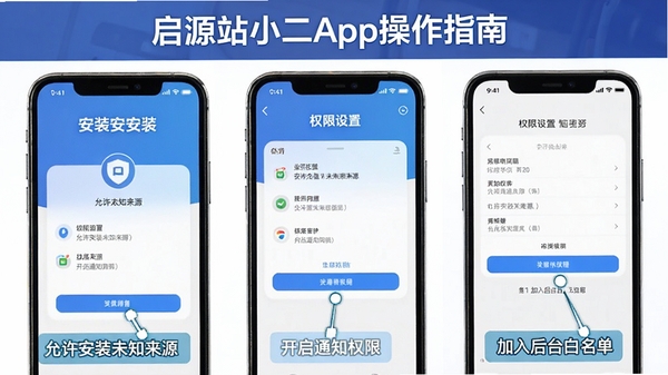 启源站小二App操作指南示意图,手机屏幕展示安装步骤和权限设置界面,包含允许安装未知来源、开启通知权限、加入后台白名单等关键操作截图标注