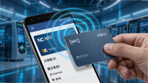 �ֻ�NFC��ȡ����������չʾ��һ����׿�ֻ���������������ɨ�裬��Ļ��ʾ��Ƭ����뽻�׼�¼������Ϊ�ִ��Ƽ����ͻ��NFC���߸�Ӧ���ƣ�ɫ����������