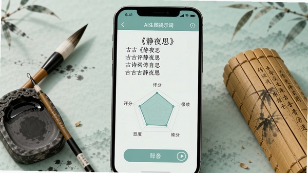 ��ʫ��AI��ͼ��ʾ�ʣ���ʫ�������е��������⹦�ܽ��棬�ֻ���Ļ��ʾ��ʫ����ҹ˼���������״�ͼ����Χ���ƹŷ�Ԫ����ë�ʡ���̨���������ɫ��Ϊ��������ɫ��ͻ����������ʹ�ͳ�Ļ��ں�