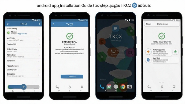 TKCX D2 android app installation guide step by step tutorial, phone settings interface, permission authorization screen, clean flat design