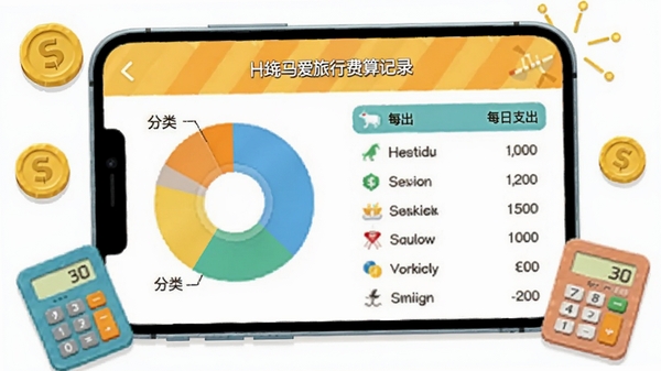 河马爱旅行费用预算记录功能界面,手机屏幕显示分类消费饼图和每日支出列表,配色清新明快,周围点缀金币和计算器图标,体现理财旅行的主题