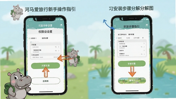 河马爱旅行新手操作指引示意图,手机屏幕显示权限设置界面和安装步骤分解图,用箭头标注关键操作位置,整体风格简洁清晰,带有河马卡通形象引导