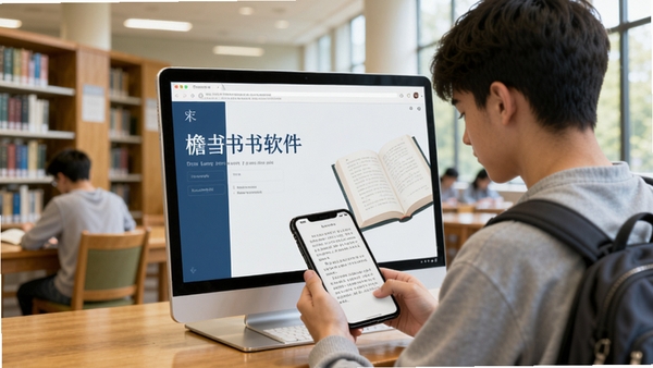 檐书软件主界面展示,校园风格,学生使用手机阅读电子书,背景为大学图书馆,色彩明亮清新