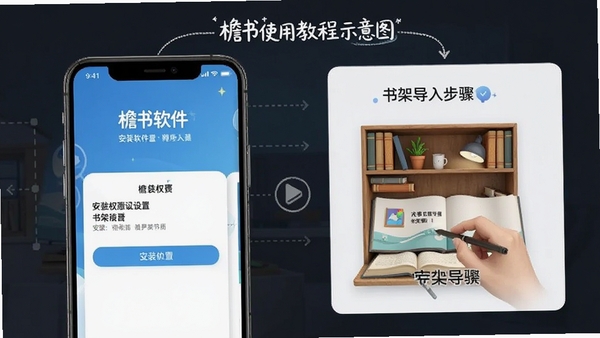 檐书使用教程示意图,手机屏幕显示安装权限设置与书架导入步骤,突出檐书软件名称