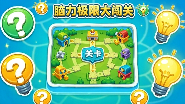 脑力极限大闯关游戏主界面,明亮活泼的卡通风格,屏幕中央显示关卡选择地图,四周散布问号图标和灯泡元素,整体色调以蓝绿黄为主,充满益智解谜氛围