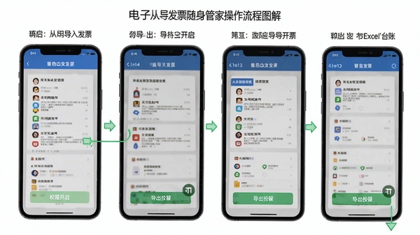 电子发票随身管家操作流程图解,展示从导入发票到导出Excel台账的完整步骤,手机界面分步截图,标注权限开启位置与导出按钮,风格简洁直观