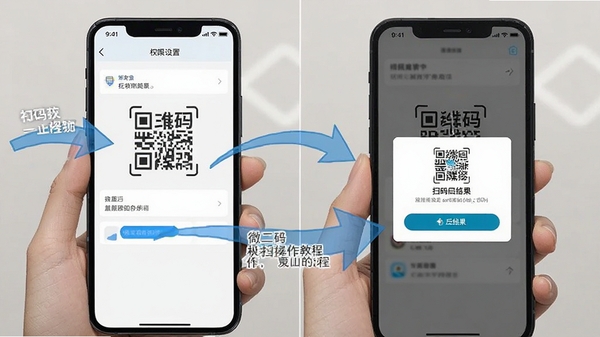 ΢��ά�뼫��ɨ�����̳�ʾ��ͼ��չʾ�ֻ�Ȩ�����ý����ɨ��ɹ���Ľ�����������м�ͷ��ע������˵��