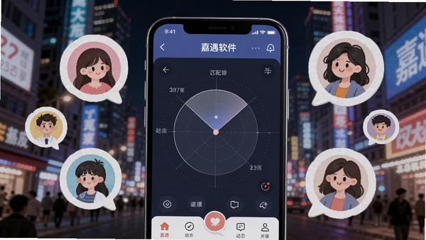 ���ݼ���������ͬ��ƥ���붯̬�������ܣ�����һ��AI��ͼ��ʾ�ʣ�����չʾһ�������ֻ���Ļ��������ʾ����APP���״�ƥ��ҳ�棬��Χ�����ſ�ͨ�����û�ͷ�����ݣ������Ƿ�������ҹ����ͻ��ͬ�ǽ��ѷ�Χ��