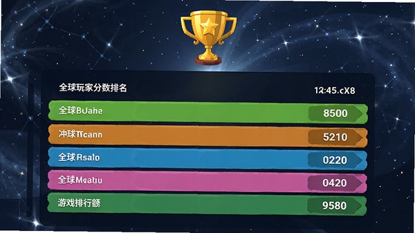 彩色冲撞3D游戏排行榜界面截图,显示全球玩家分数排名,顶部为金色奖杯图标,背景为深蓝色星空,界面简洁现代