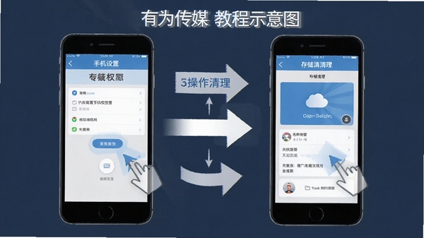 有为传媒使用教程示意图,展示手机权限设置页面和存储清理界面,带有箭头标注操作步骤,风格清晰直观