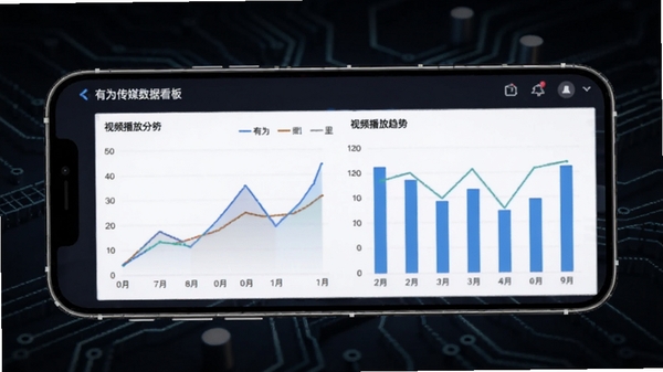 有为传媒数据看板界面截图,展示折线图和柱状图分析视频播放趋势,手机横屏显示,背景为深色科技风格