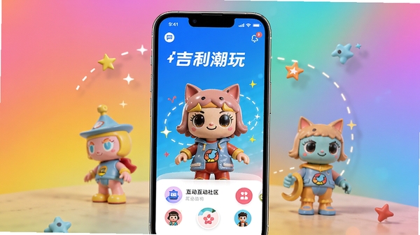 吉利潮玩应用主界面展示,手机屏幕中呈现色彩缤纷的潮玩公仔和互动社区界面,背景为明亮的渐变色调,突出潮流与趣味感