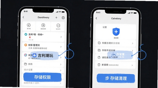吉利潮玩移动端操作示意图,展示手机设置页面中权限管理和存储清理的步骤标注