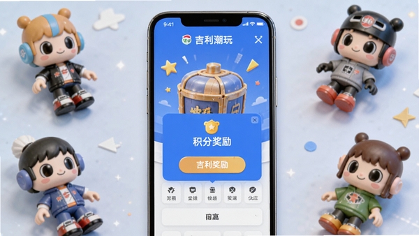 吉利潮玩线上抽盒界面,手机屏幕显示盲盒动画和积分奖励弹窗,周围散落潮玩公仔元素