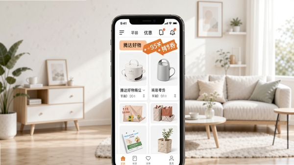 �ڴ����APP��ҳ����չʾ���ֻ���Ļ�г��־�ѡ��Ʒ�б����Ż�ȯ��ǩ������Ϊ�������ľӼҹ��ﳡ��������ִ�����