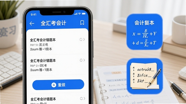 全汇考会计错题本功能展示图,手机界面显示错题列表与重做按钮,旁边有会计公式和笔记图标,配色以蓝白为主,体现学习工具的高效复习场景,画面中包含全汇考会计字样