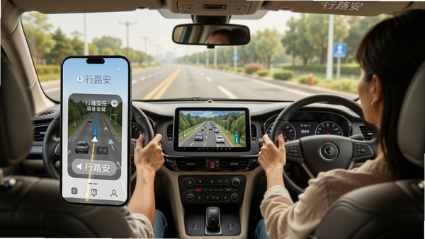 ��·�����ֻ��복����Ļ�ϵ�ʹ�ó����Ա�ͼ��չʾ��ʻ���ڳ���ͨ������������ȡ·�����ѣ�������ܰ��ȫ��ͻ������������·��