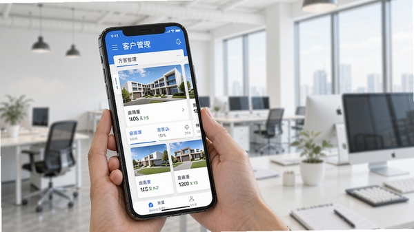 ������CRM��¥ϵͳ�ֻ��˽���չʾ���ִ���Լ�����ɫ��ɫ������Ļ����ʾ�ͻ������б��뷿Դ��Ƭ��Ϣ������Ϊ�����칫�һ�����ͻ���ƶ��칫����
