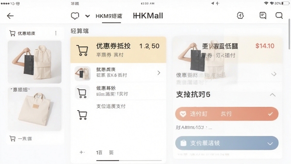 HKMall�ƶ��˹��ﳵ����ҳ���ͼ��չʾ�Ż�ȯ�ֿ���֧����ʽѡ�񣬽���������