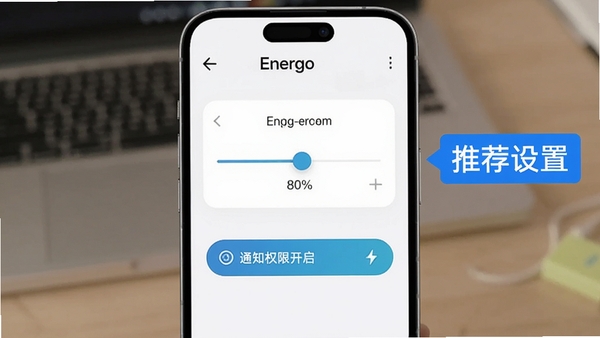 Energo�������ý̳�ʾ��ͼ���ֻ���Ļ��ʾ�����ֵ��������Ϊ80%���·���֪ͨȨ�޿�����ť��������ɫΪǳɫ���⣬��������Energo�ڶ������Ա�����ɫ������ע���Ƽ����á�