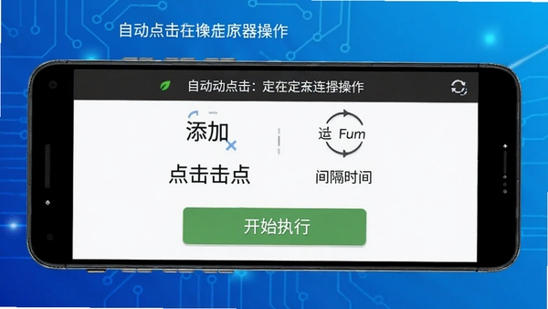 自动点击连点器手机界面展示图,画面中一部安卓手机屏幕上显示自动点击连点器的操作面板,有添加点击点、设置间隔时间、开始执行按钮,背景为科技感蓝色渐变,突出自动化操作主题
