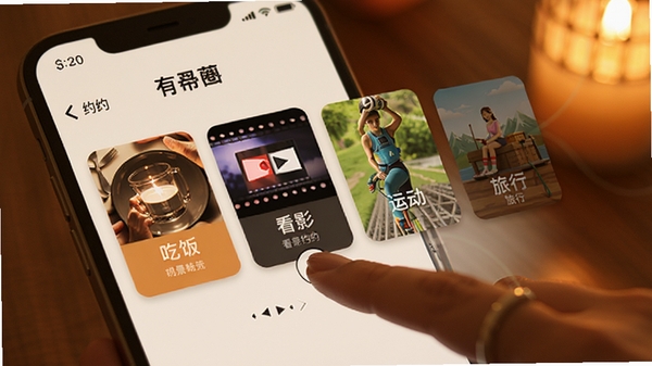 ����Լ��ȦAPP��Լ����ѡ����棬չʾ�Է�������Ӱ���˶������е�Լ�ῨƬ���û�����ѡ��Լ�᳡�����ֻ���Ļ��д��ůɫ���罻��Χ