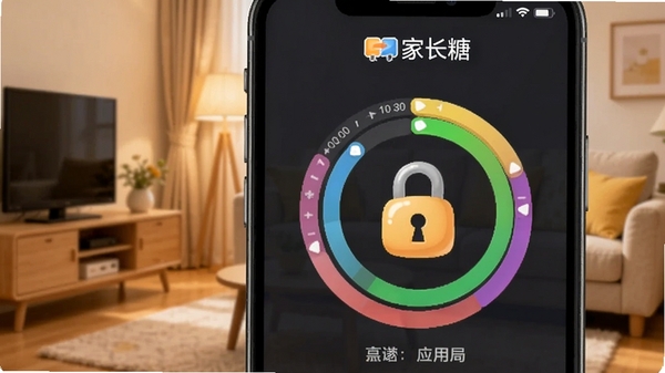 家长糖应用时长管控界面截图,手机屏幕显示彩色时间圆环与卡通锁图标,背景为温馨家庭客厅,软件名称家长糖在顶部清晰可见