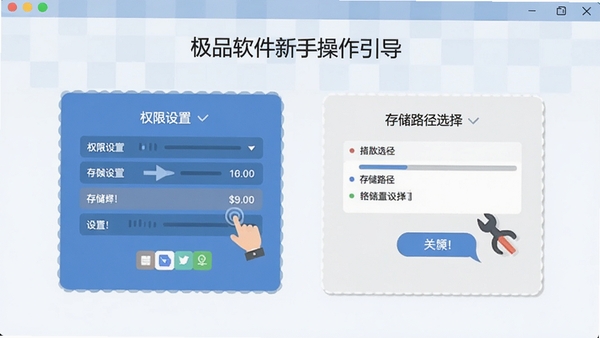 极品软件新手操作引导界面,展示权限设置和存储路径选择步骤,扁平化设计风格