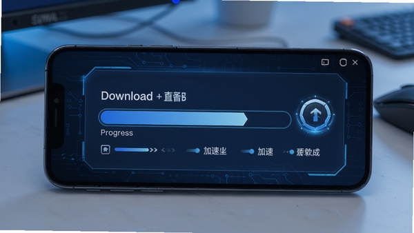 极品软件多线程下载界面展示,手机屏幕显示下载进度条和加速标识,科技感蓝色调