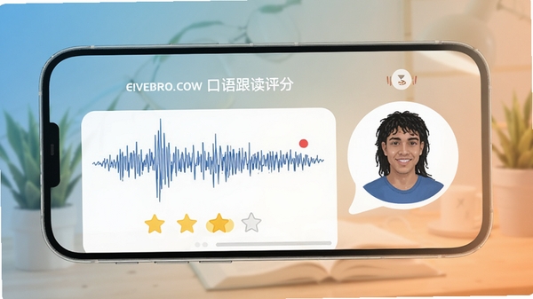 英语学习助手口语跟读评分界面,手机显示发音波形与评分星级,旁边有真人发音图标,背景为柔和渐变学习场景