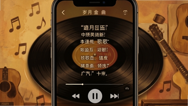 岁月金曲 手机播放界面 歌词同步显示 复古黑胶唱片旋转动画 怀旧音乐氛围 暖色调背景