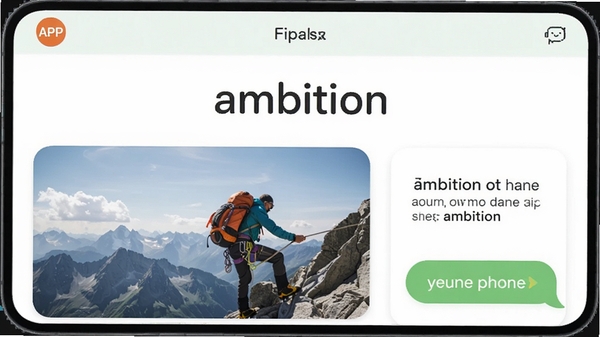 С¹����APP�ڵ��ʿ�Ƭѧϰ���棬��Ļ������ʾӢ�ĵ���ambition���·���һ�ŵ�ɽ�������߷��ͼƬ���Ա��м����������ֺͷ�����ť������������