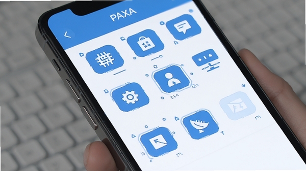 PAXA软件快捷操作面板界面展示,手机屏幕上排列着整齐的功能图标,扁平化设计风格,蓝白配色,科技感十足,高清UI截图