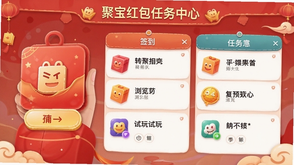 聚宝红包任务中心界面,展示签到、浏览、试玩等任务列表