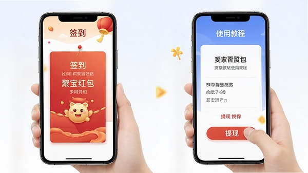 聚宝红包使用教程示意图,手机屏幕展示签到与提现操作步骤